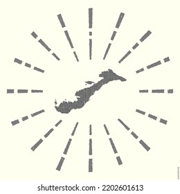 Amorgos Logo. Grunge sunburst poster with map of the island. Shape of Amorgos filled with hex digits with sunburst rays around. Captivating vector illustration.