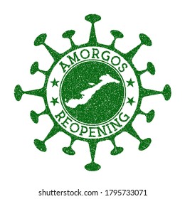 Amorgos reopening stamp. Green round badge of island with map of Amorgos. Island opening after lockdown. Vector illustration.