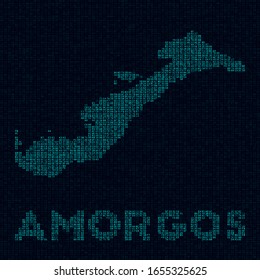 Amorgos tech map. Island symbol in digital style. Cyber map of Amorgos with island name. Captivating vector illustration.