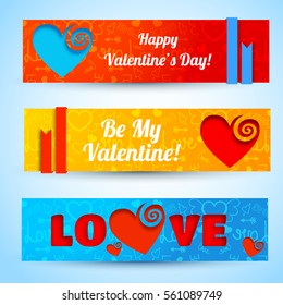 Amorous abstract horizontal banners with text cut hearts on blue red orange icons background isolated vector illustration