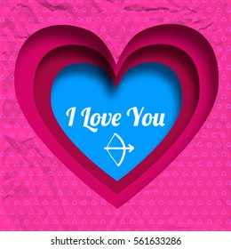 Amorous beautiful background with love confession cut blue heart and pink romantic crumpled paper pattern vector illustration