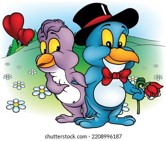 Amorous Bird Couple with Red Hearts - Blue Bird with Top Hat and Purple Female Bird as Cartoon Illustration with Background, Vector