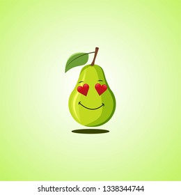 Amorous cartoon pear symbol. Cute smiling pear icon  isolated on green background. Vector illustration EPS 10