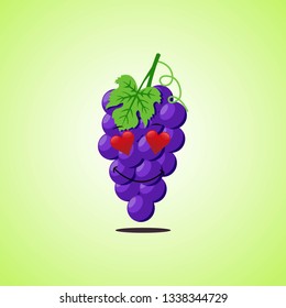 Amorous cartoon purple grapes symbol. Cute smiling purple grapes icon  isolated on green background. Vector illustration EPS 10