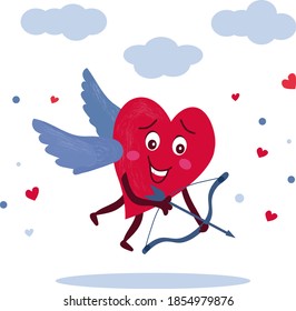 Amorous character. Red heart with wings in the sky, releases the arrow of love. Vector romantic illustration, for declaration of love feelings. Celebration of St. Valentine's Day