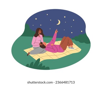 Amorous couple lies on cover, looking at starry night sky on hill. Romantic honeymoon, man and woman admiring beautiful view of shooting stars. Flat vector tenderness characters isolated illustration