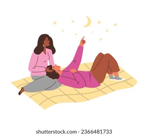 Amorous couple lies on cover, looking at starry night sky with moon. Romantic honeymoon, man and woman admiring beautiful view. Flat vector tenderness together, character in love isolated illustration