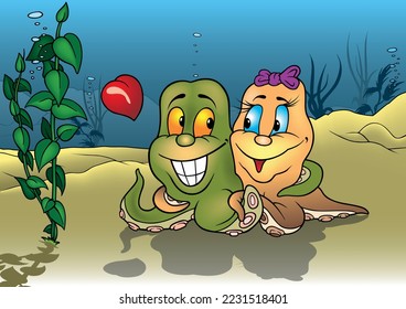 Amorous Couple of Two Smiling Octopuses - Colored Cartoon Illustration with Background, Vector