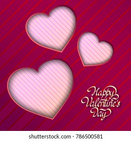 Amorous festive template with greeting inscription and cut out light hearts on striped background vector illustration