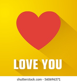 Amorous flat template with love inscription red heart and long shadow on yellow background isolated vector illustration