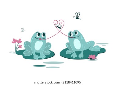 Amorous frogs in the swamp catch a fly. Funny cartoon-style characters.