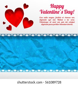 Amorous greeting template with text red hearts gray background and blue icons crumpled paper pattern vector illustration