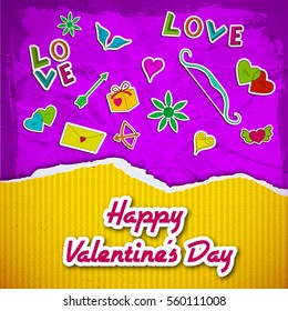 Amorous greeting template with yellow striped ragged paper romantic cartoon elements on purple crumpled background vector illustration