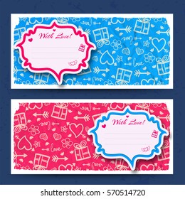 Amorous horizontal banners with sticker for greeting text on wrinkled paper sketch icons background isolated vector illustration