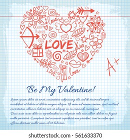 Amorous lovely background with greeting text hand drawn romantic icons heart shape on paper note vector illustration