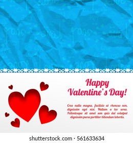 Amorous romantic template with text red hearts white background and blue icons wrinkled paper pattern vector illustration