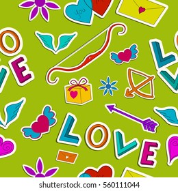 Amorous seamless pattern with paper romantic colorful cartoon elements on green background vector illustration