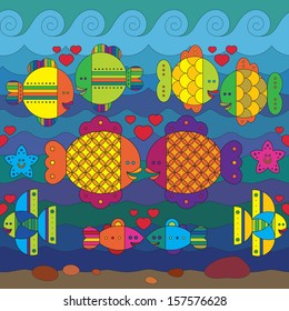 Amorous stylize fantasy fishes under water.