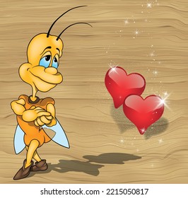 Amorous Yellow Beetle and Blue Eyes    Cute Cartoon Illustration Isolated and Background  Vector