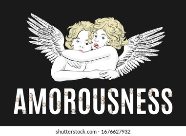 Amorousness. Vector  hand drawn  illustration of hugging cupids . Creative artwork with realistic pearls. Template for card, poster, banner, print for t-shirt, pin, badge, patch.