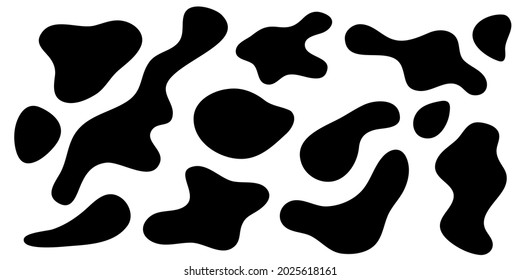 Amorphous  amoeba shapes, asymmetric blobs. Smooth liquid form, black ink splash and stain isolated on white background. Vector illustration, flat design.