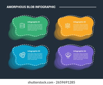 Amorphous blob shape infographic process diagram with stacked layer on quadrant structure with dark background bright outline style and 4 stages vector