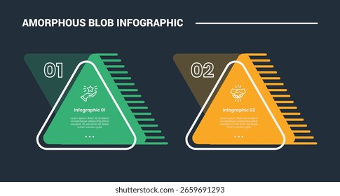 Amorphous blob shape infographic process diagram with triangle shape opposite direction with dark background bright outline style and 2 stages vector