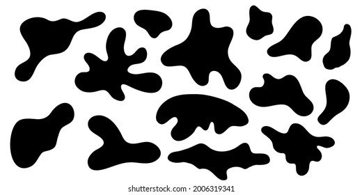 Formas de blob amorfo. Formas asimétricas de ameba negra, forma líquida abstracta, elementos geométricos lisos aislados sobre fondo blanco. Diseño de estilo plano. Ilustración del vector