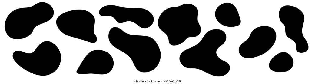 Amorphous blob shapes. Black amoeba asymmetric shapes, abstract liquid form,  smooth geometric elements isolated on white backgtound. Flat style design. Vector illustration