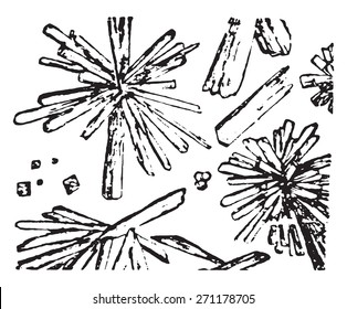 Granulado amorfo, cristales en forma de cuña, ilustración vintage grabada. 