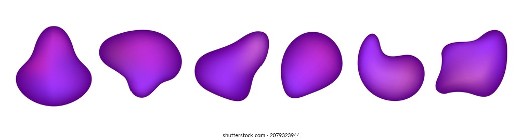 Amorphous liquid shapes, purple iridescent fluid drops. Irregular asymmetric organic blobs, abstract flowing forms. Isolated on white background. Vector illustration