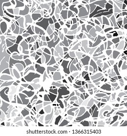 Amorphous scattered shapes forming gray scale abstract pattern with white ornate lines dividing them