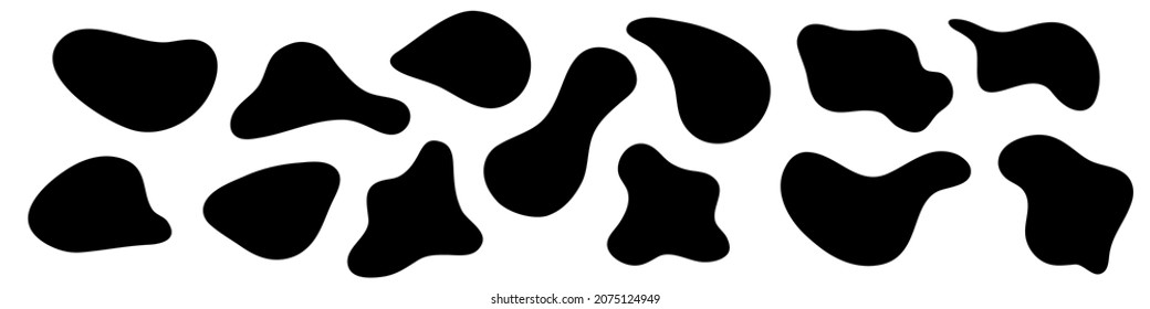 Amorphe Formen. Flüssige unregelmäßige asymmetrische Formen. Schwarze organische Flüssigkeitstropfen einzeln.  Einfache, glatte Farbflecken, flache Stilelemente für Design. Abstrakte Vektorgrafik.