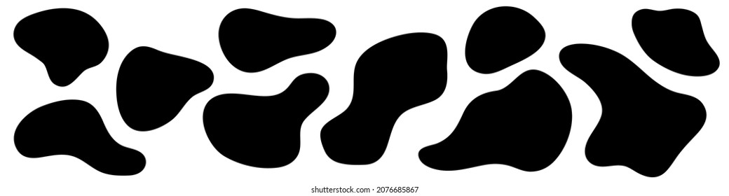 Amorphous shapes. Liquid irregular asymmetric forms. Black organic fluid blobs isolated.  Simple smooth  ink stain, flat style elements for design. Abstract vector illustration.