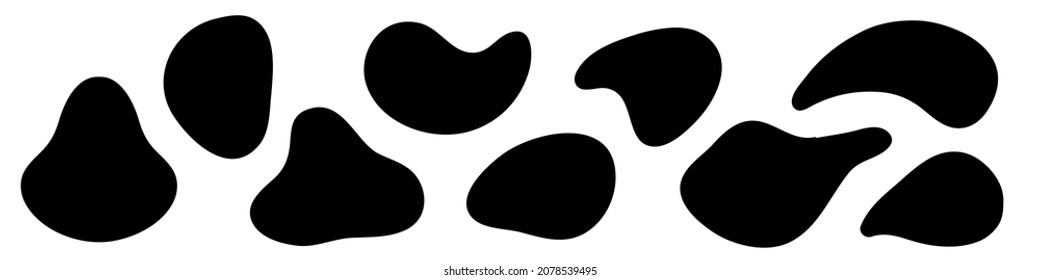 Formas amorfas. Formas asimétricas irregulares líquidas. Blobs de líquido orgánico negro aislados.  Sencilla mancha de tinta lisa, elementos de estilo plano para el diseño. Ilustración del vector abstracto.