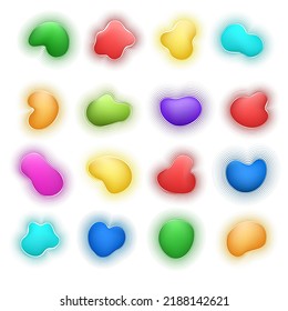 Lugares amorfos. Blobs de gelatina con bordes de contorno, formas de manchas líquidas, formas de manchas viscosas abstractas redondeadas, manchas de guijarros lisas deformadas