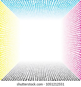 Amorphous tiny shapes comprising 3D distorted frame in CMYK colors