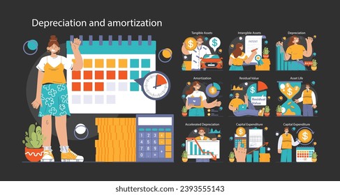 Amortization and depreciation dark or night mode set. Calculating the value for business assets over time. Company asset lifespan , capital valuation. Financial report. Flat vector illustration