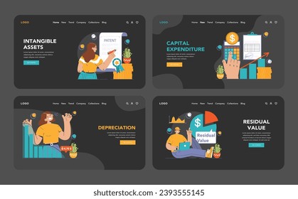 Amortization and depreciation dark or night mode web, landing set. Calculating the value for business assets. Company asset lifespan , capital valuation. Financial report. Flat vector illustration