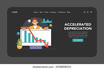 Amortization and depreciation dark or night mode web, landing. Calculating the value for business assets. Company asset lifespan , capital valuation. Financial report. Flat vector illustration