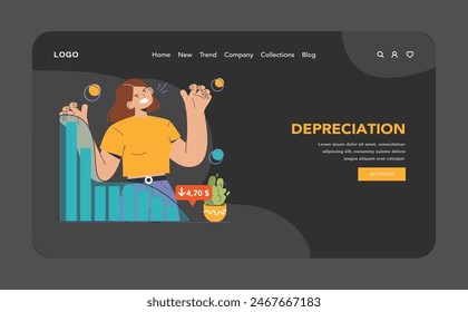 Amortization and depreciation dark or night mode web, landing. Calculating the value for business assets. Company asset lifespan , capital valuation. Financial report. Flat vector illustration