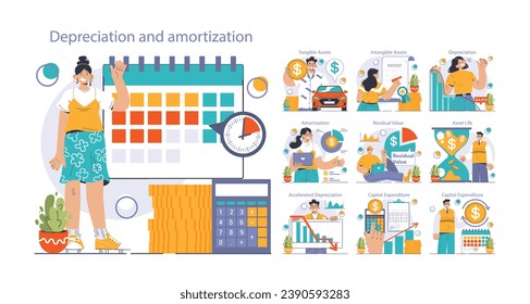 Amortization and depreciation set. Calculating the value for business assets over time. Company asset lifespan , capital valuation. Financial report. Flat vector illustration