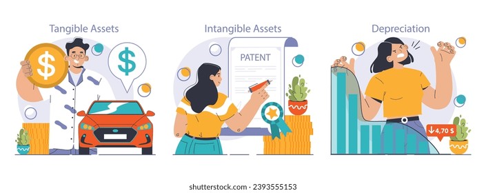 Amortization and depreciation set. Calculating the value for business assets over time. Company asset lifespan , capital valuation. Financial report. Flat vector illustration