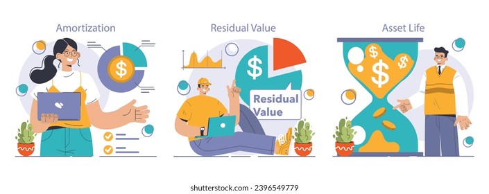 Amortization and depreciation set. Calculating the value for business assets over time. Company asset lifespan , capital valuation. Financial report. Flat vector illustration