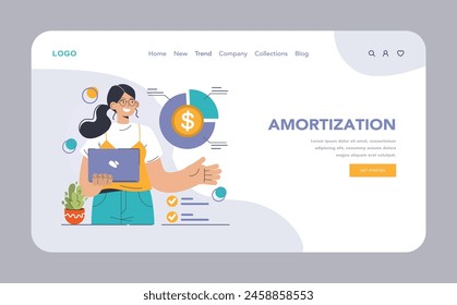 Amortization and depreciation web or landing. Calculating the value for business assets over time. Company asset lifespan , capital valuation. Financial report. Flat vector illustration