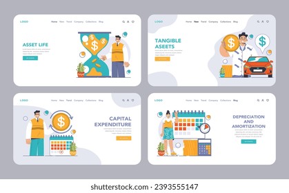 Amortization and depreciation web or landing set. Calculating the value for business assets over time. Company asset lifespan , capital valuation. Financial report. Flat vector illustration