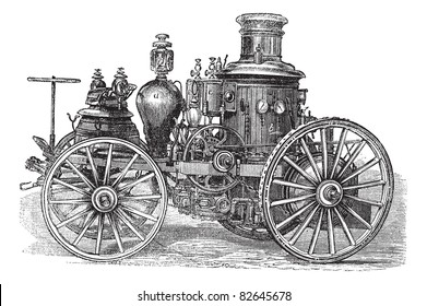 Motor de fuego Amoskeag, grabado vintage. Antigua ilustración de Amoskeag con motor de fuego a vapor. Enciclopedia Trousset (1886-1891).