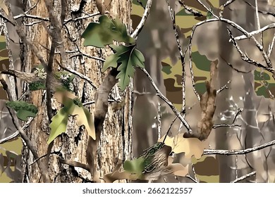 amouflage pattern made of real tree branches and green leaves, with an American-style camo design for hunting in the woods