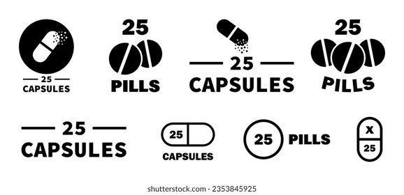 Amount of capsules or pills in the container. Vector labels for medicine packaging.