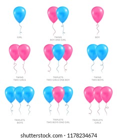 Amount and gender of children, concept with pink and blue balloons. Vector illustration